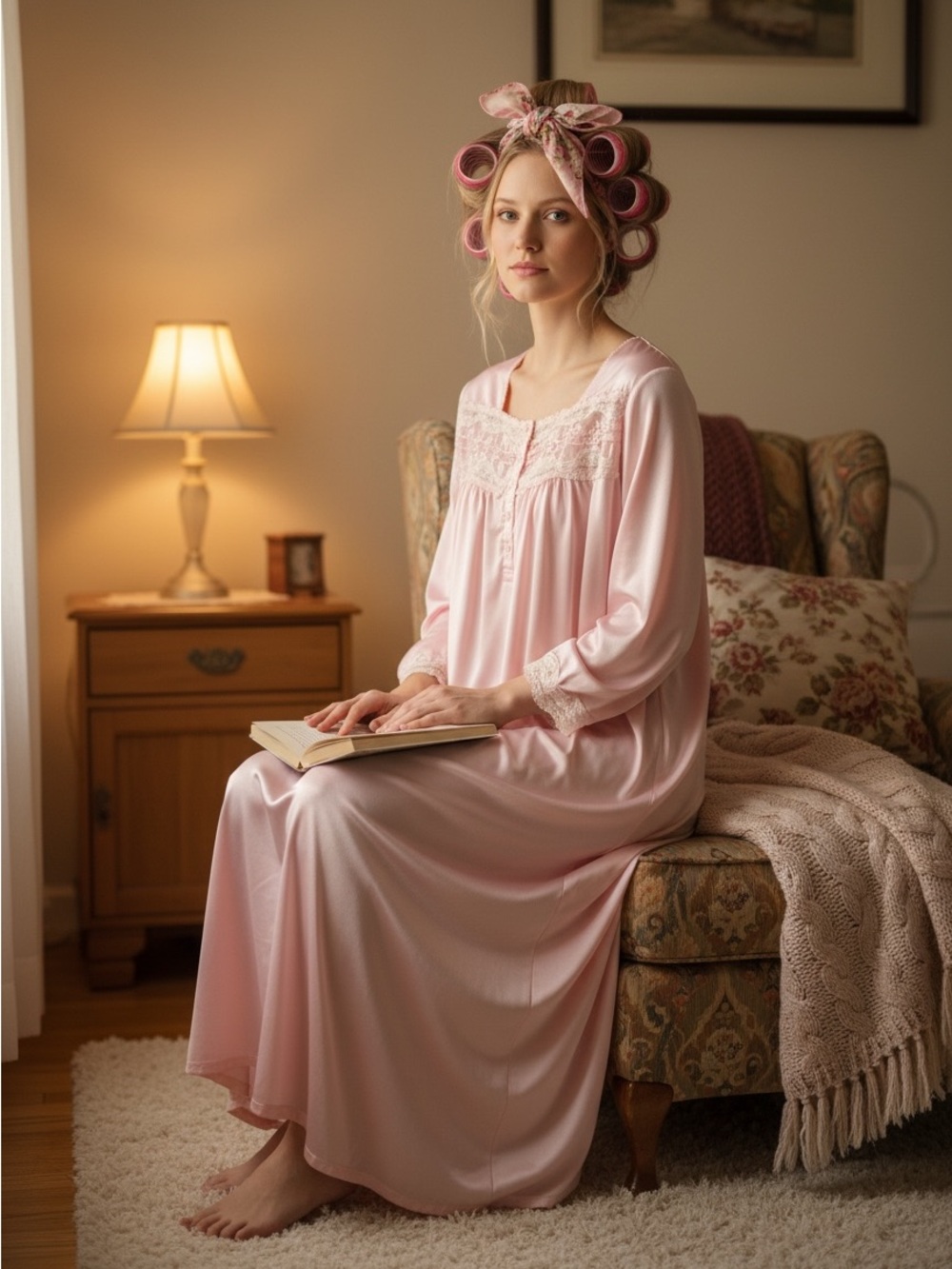 Anthony Richards Soft Pink Lace-Yoke Long Nightgown